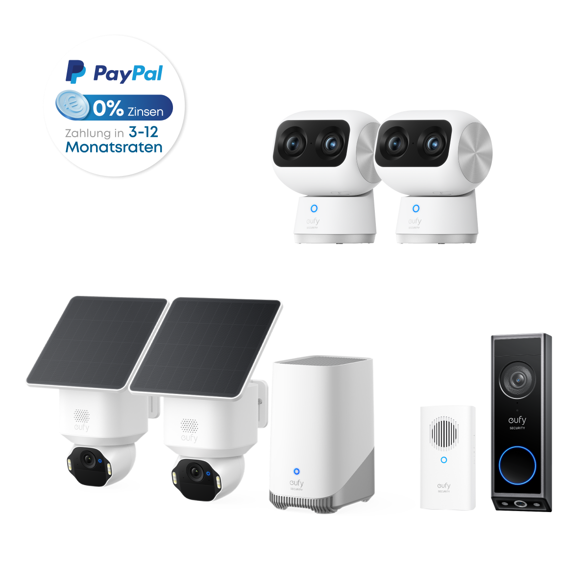 Eufy SoloCam E42 Kit 2 (HomeBase S380)+Telecamera per interni S350 Kit 2+Videocitofono E340+Video Doorbell E340